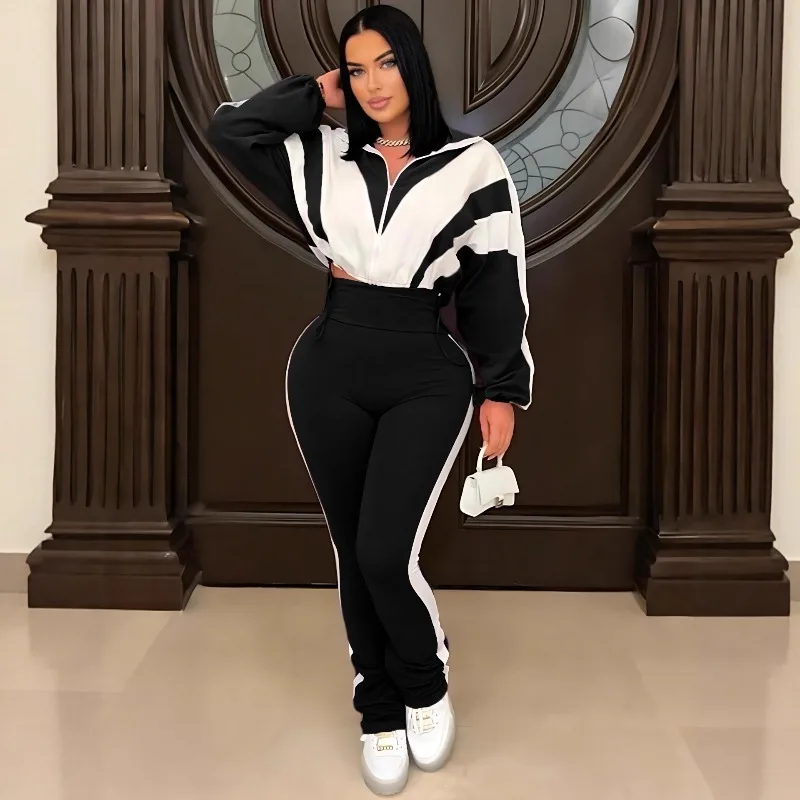 Color-blocking Patchwork Sportswear Set Women Featuring High-waisted Trousers Cardigan Jacket Fashionable Individual Comfort