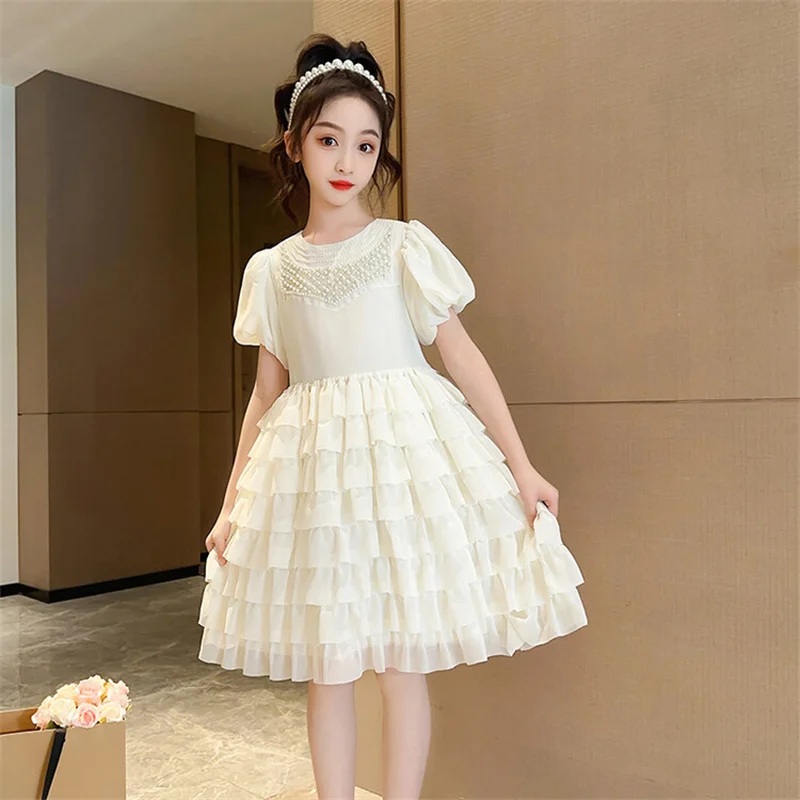 Girls Summer Dress 2024 New children\'s Princess Dress Pearl Cake dress Chiffon dress