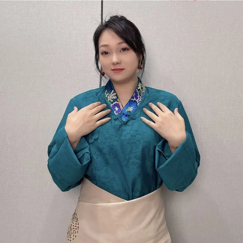 チベットの高級Vネックシャツ夏涼しいチベットトップ