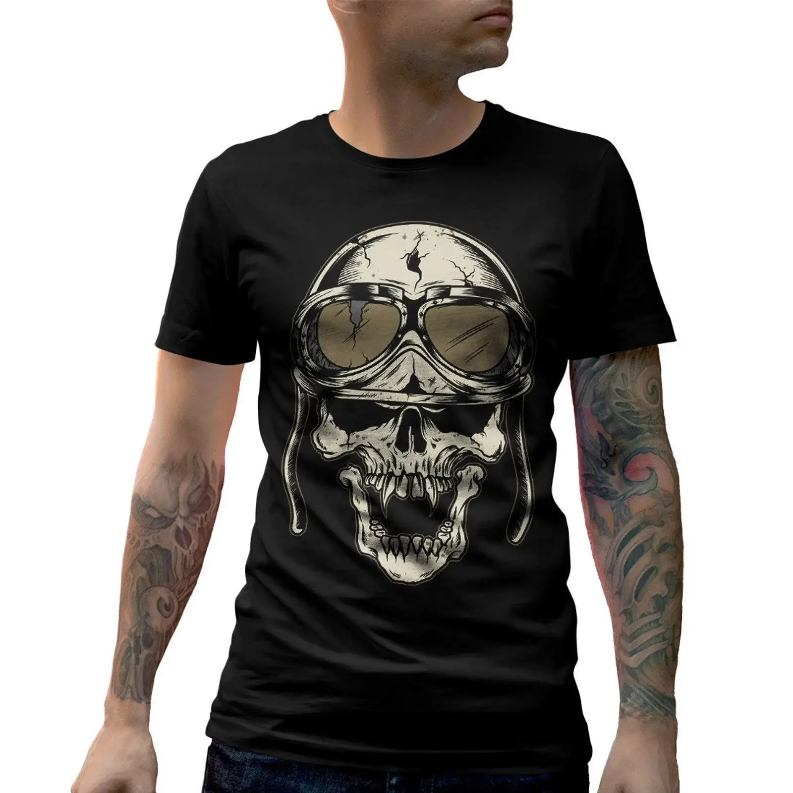 Camiseta con diseño de calavera y casco, vintage, lavada, elegante, unisex, elástica, para motocicletas, clubes de motociclistas, Grim Rider, Biker, Skeleton, Evil, P264