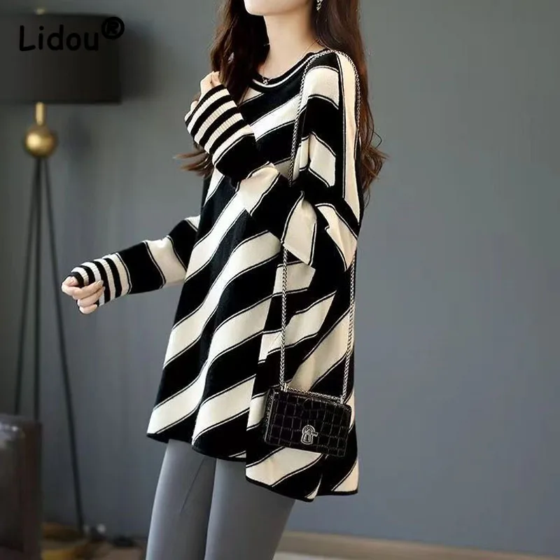 Plus Size Diagonal Stripe Color Contrast Sense of Design Female Korean Medium Length O-Neck Batwing Sleeve Loose New Clothing