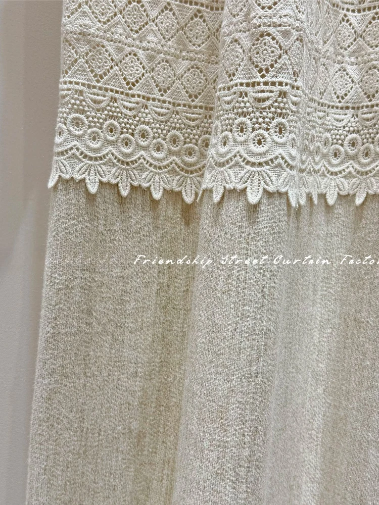 French Lace Cotton Linen Splicing Hollow Lace Cream Curtains for Living Room Balcony Bedroom Bay Window Curtains Screen Curtains