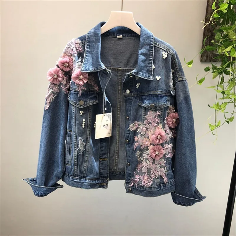 

Nice Spring Autumn Jeans Jacket Coat Woman Pop Heavy Stereo Pink Flower Embroidered Hole Denim Jackets Women Basic Coats R700