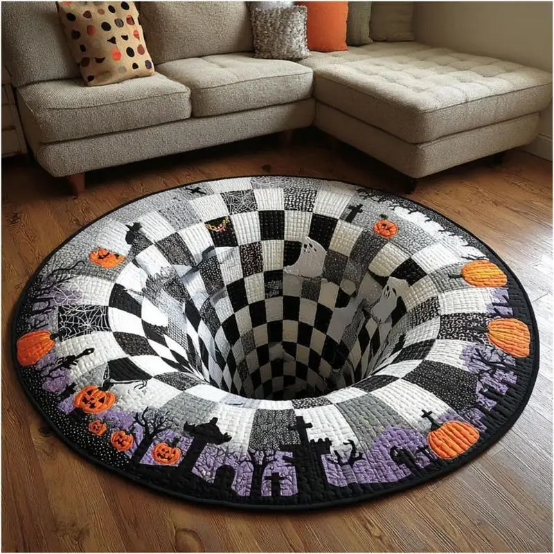VIKAMA Halloween Round Rug Checkerboard Vortex Ghost 3D Illusion Non Slip Area Rug Living Room Spooky Decor Festive Soft Durable
