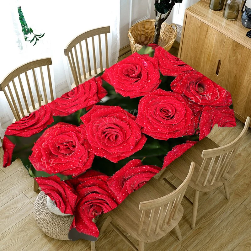 Romantic Red Rose Printed Decorative Tablecloth Picnic Table Rectangular Tablecloth Home Dining Table Coffee Table Ornaments