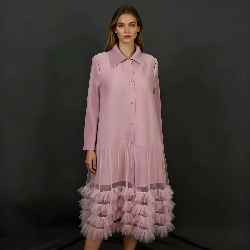 

Miyake Pleated French Mesh Dress Fashion Temperament Lapel Casual Fluffy Cake Dress Women's 2026 New