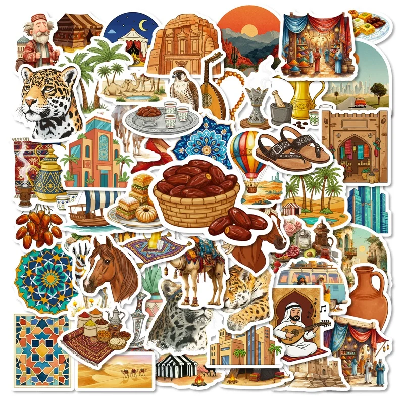 

56PCS Cartoon Arab World Sticky Sticker Aesthetic Colored DIY PVC Decoration Phone Laptop Luggage Skateboard Graffiti Decals
