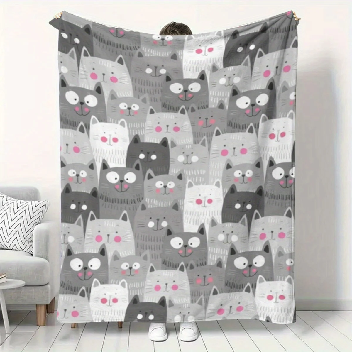 A Cute Gray Cat Print Gift Blanket, a Simple and Vibrant Bed Throw, Towel Blanket, Small Lap Blanket, Nap Blanket, Outdoor Blank