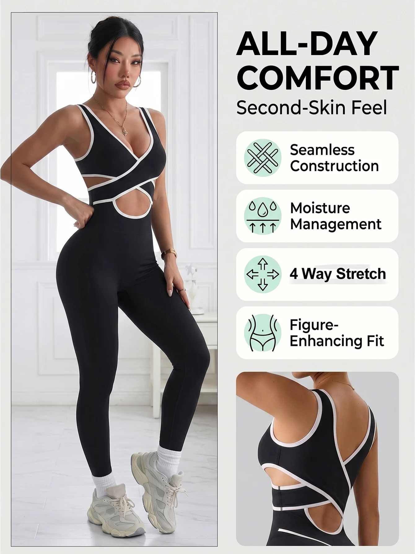 Women Criss Cross Cutout Contrast Piping Workout Jumpsuit Sleeveless Sculpting Yoga Bodysuit