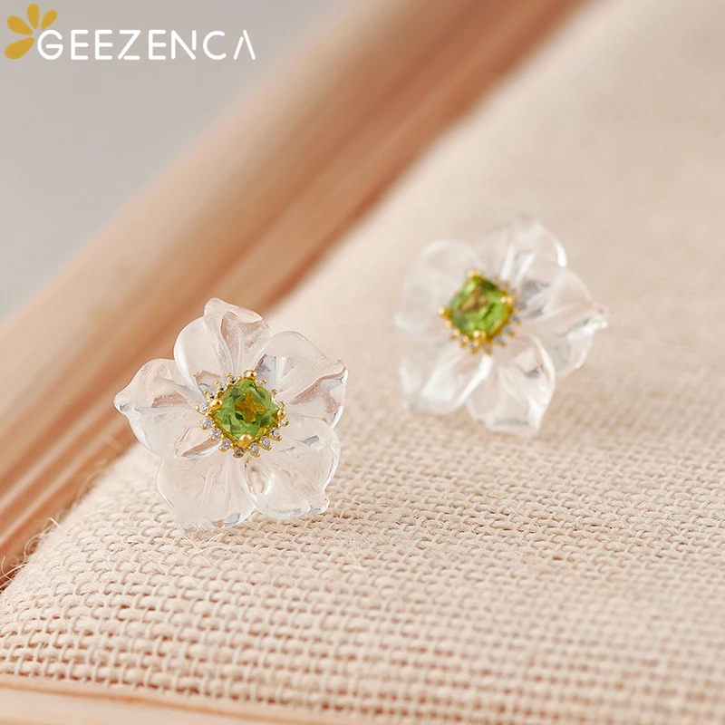 GEEZENCA Natural White Crystal Citrine Peridot Stone 925 Silver Stud Earrings Women Camellia Flower Shape Earring 2023 New Gift