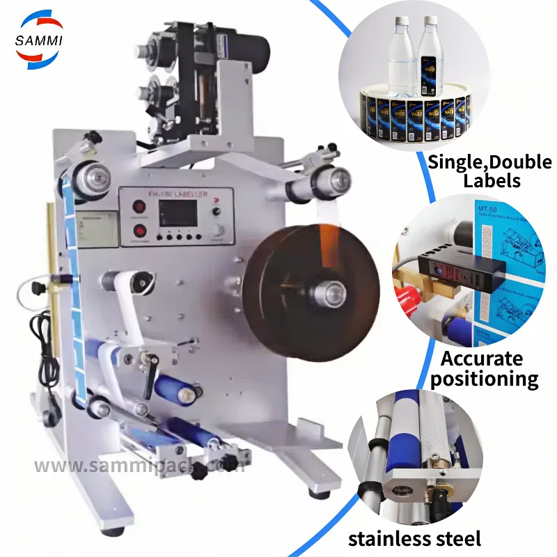 High Precision FH-130D Vertical Sticker Labeling Machine For Round Glass And Plastic Bottles Single And Double Labels High Speed