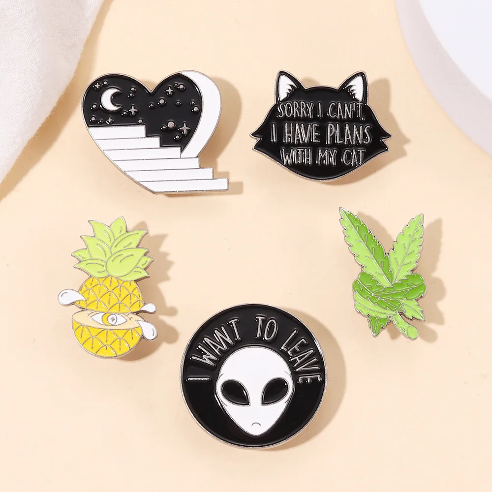 I Want To Leave Enamel Pins Custom Cat Person Pineapple Victory Sign Brooches Lapel Badges Jewelry Gift for Kids Friends