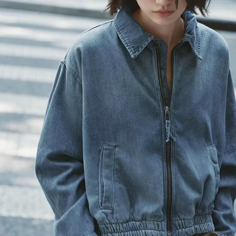 Fashionable Zipper Collar Denim Pilot Jacket Women's Short Coat Casual Style Standard Fit Long Sleeve Autumn New Arrival