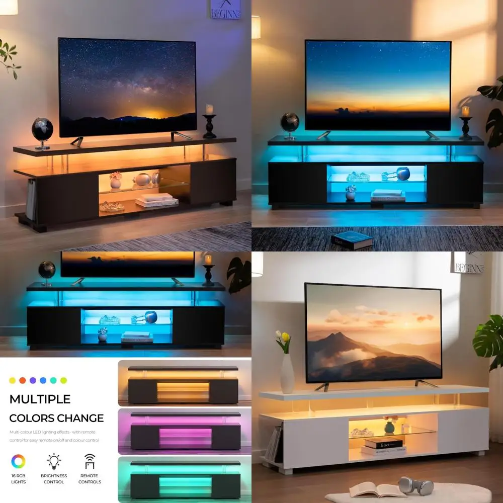 65 Inch LED TV Stand - Modern Glass Entertainment Center for Living Room and Bedroom