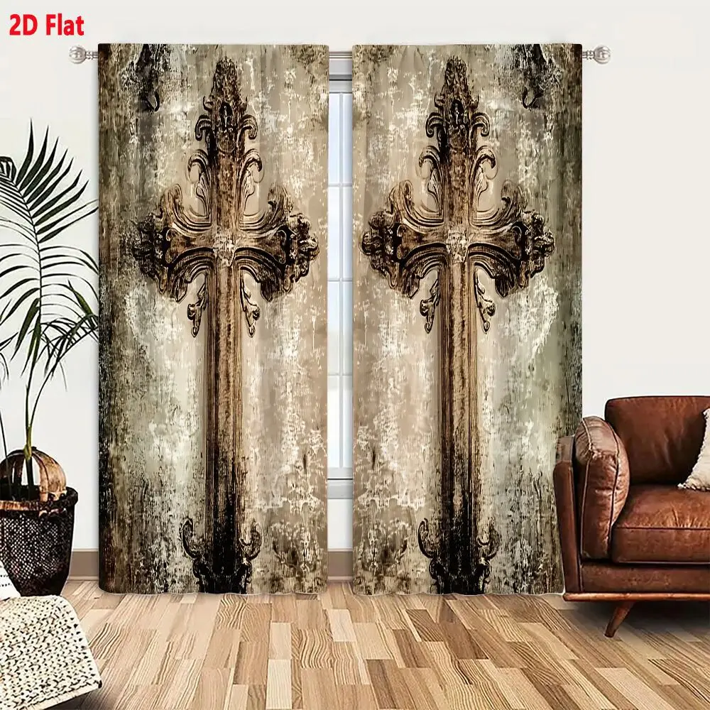 2Pcs Curtains Add 2D Flat Ornate Metallic Crosses With Scrollwork And Floral Motifs On Distressed Vintage Background Window Drap