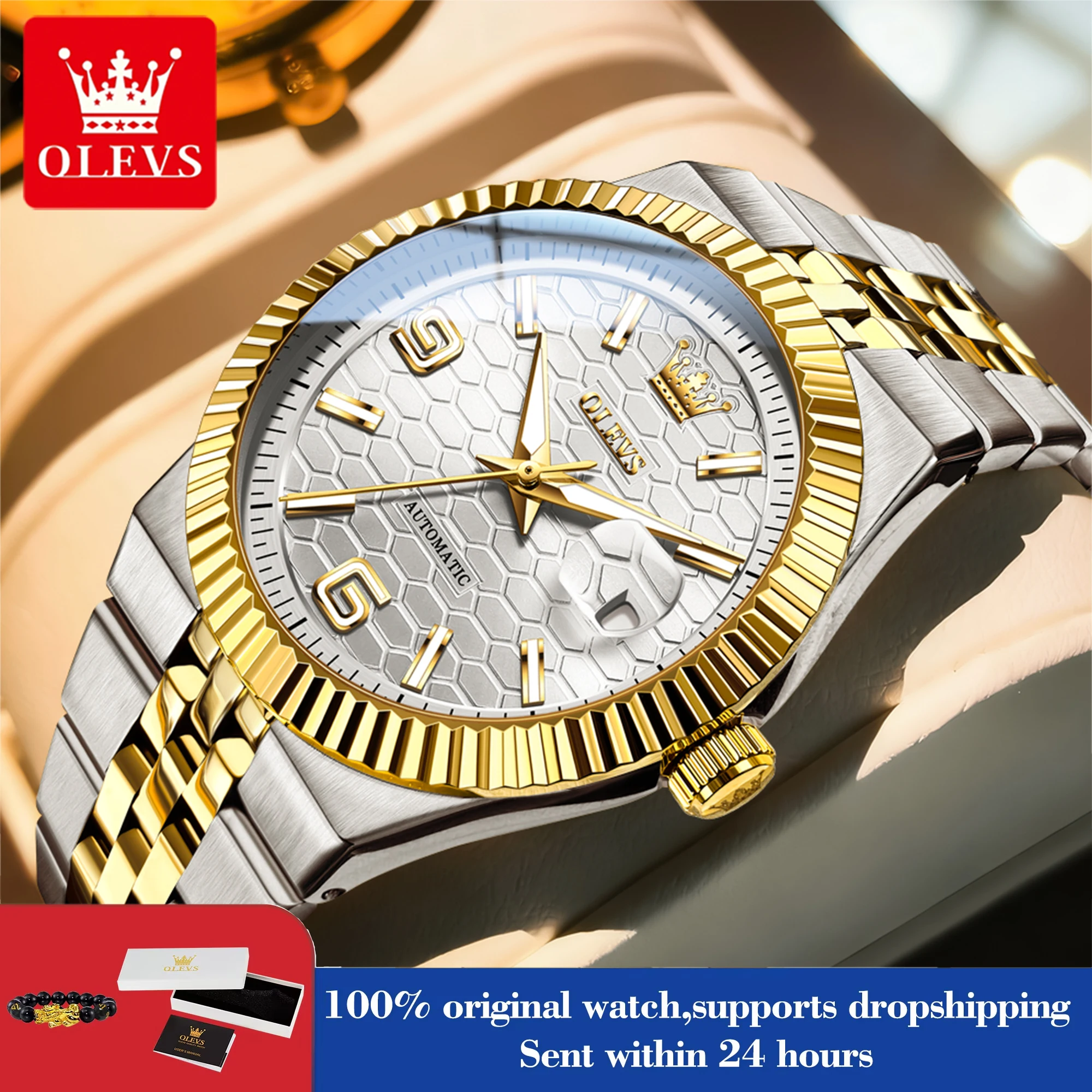 OLEVS 7105 Watches For Man Original Luxury Automatic Mechanical Watches Stainless Steel Waterproof Luminous Watches Gifts Box