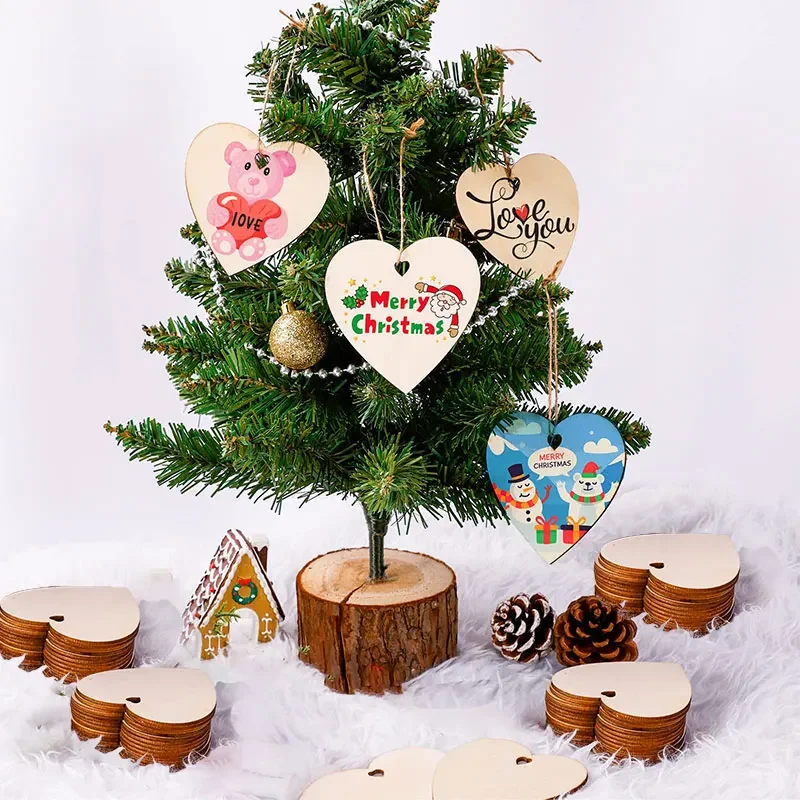 10/20Pcs Natural Unfinished Wooden Heart Shape Ornaments Love Heart Wood Slices DIY Wooden Circle Disc for Christmas Decor 80mm