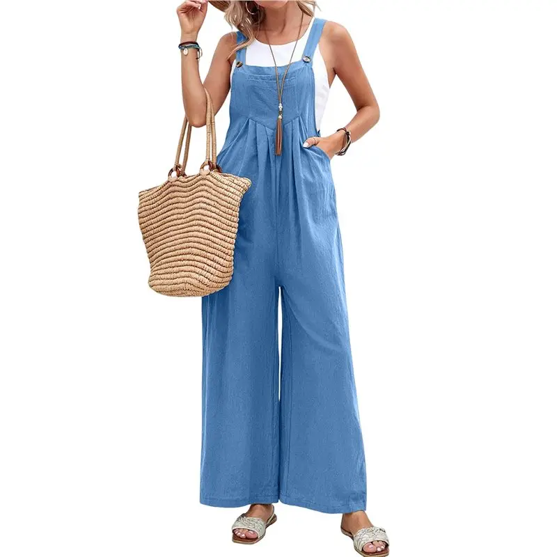 

ABRT-Women's Bib Overalls Casual Loose Fit Jumper Adjustable Strap Wide Leg Jumpsuits With Pockets Light Blue S