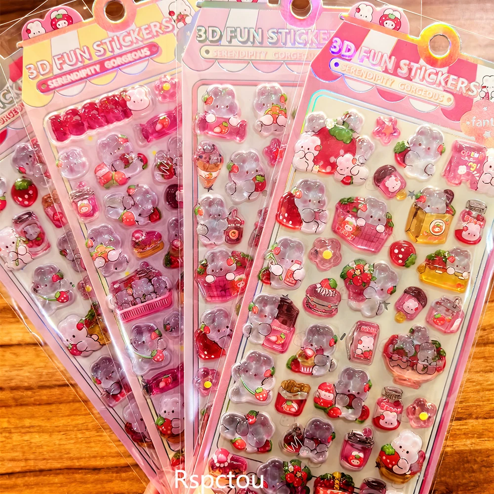

4pcs Cute Strawberry Bunny Relief 3D Crystal Stickers Kawaii Cartoon Rabbit Decals Scrapbook Fridge Phone Reward Sticker Toys