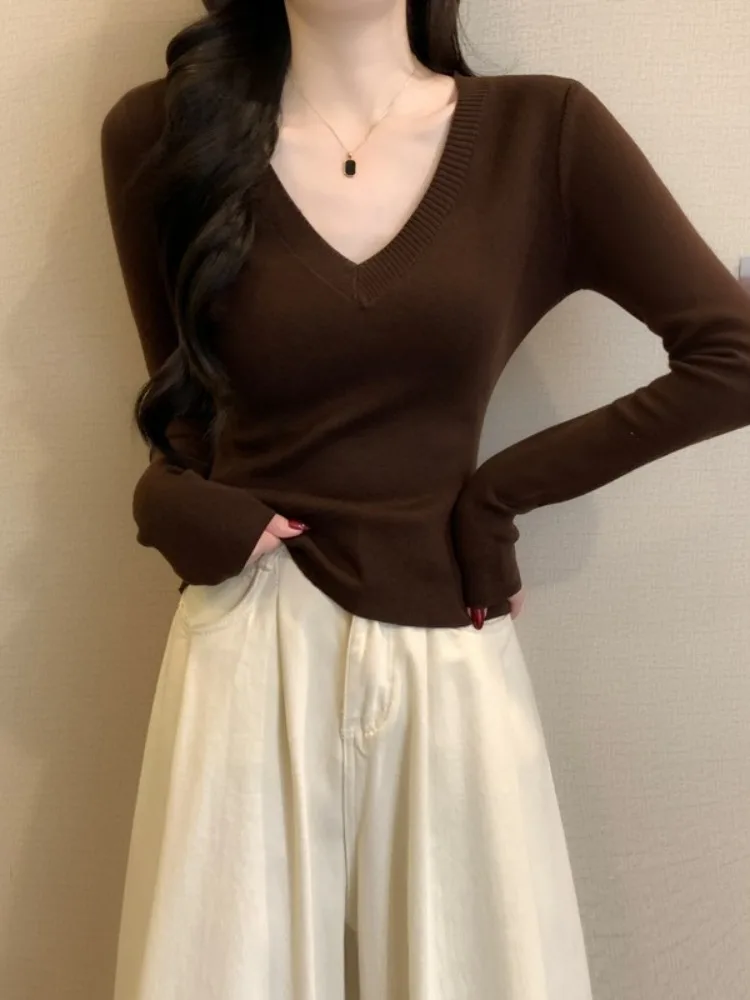 

Женский осенний модный свитер с V-образным вырезом, вязаный, с меховой подкладкой, уникальный, привлекательный топ в американском стиле, приталенный, из шерстяной смеси