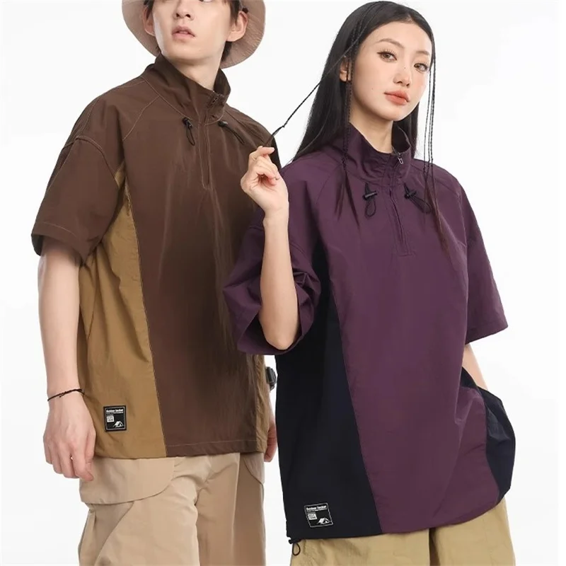 

2025 New Stand Collar Half-Zip Cargo T-Shirt For Man Outdoor Patchwork Short Sleeve Tee Shirts American Y2K Streetwear Tops