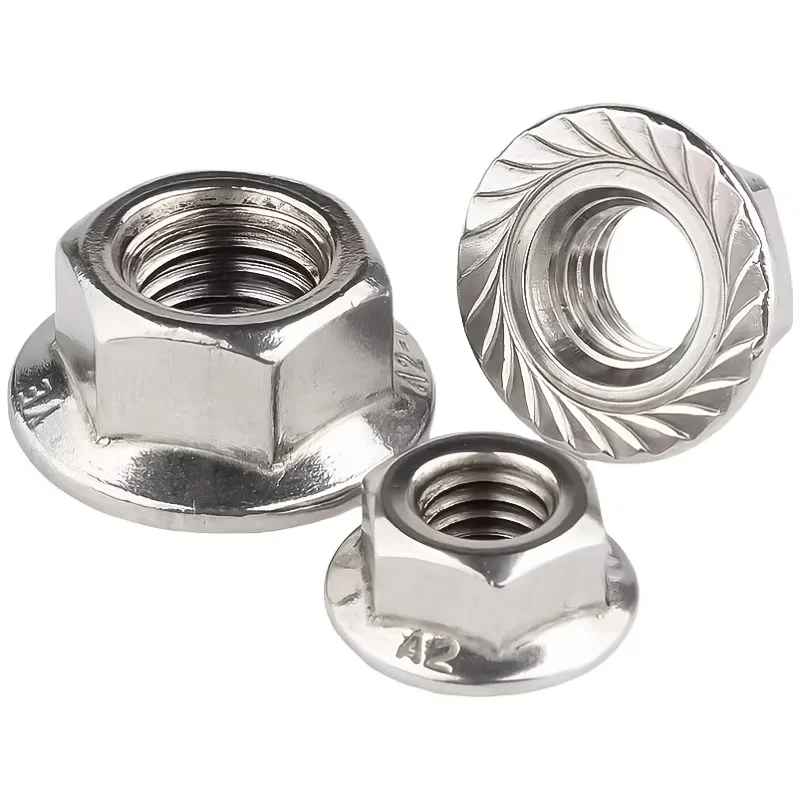 304 Stainless Steel Flange Nuts - Anti-Slip Hex Locking Screws with Washers, Polished Finish, Fully Threaded for M3/M4/M5/M6/M8/