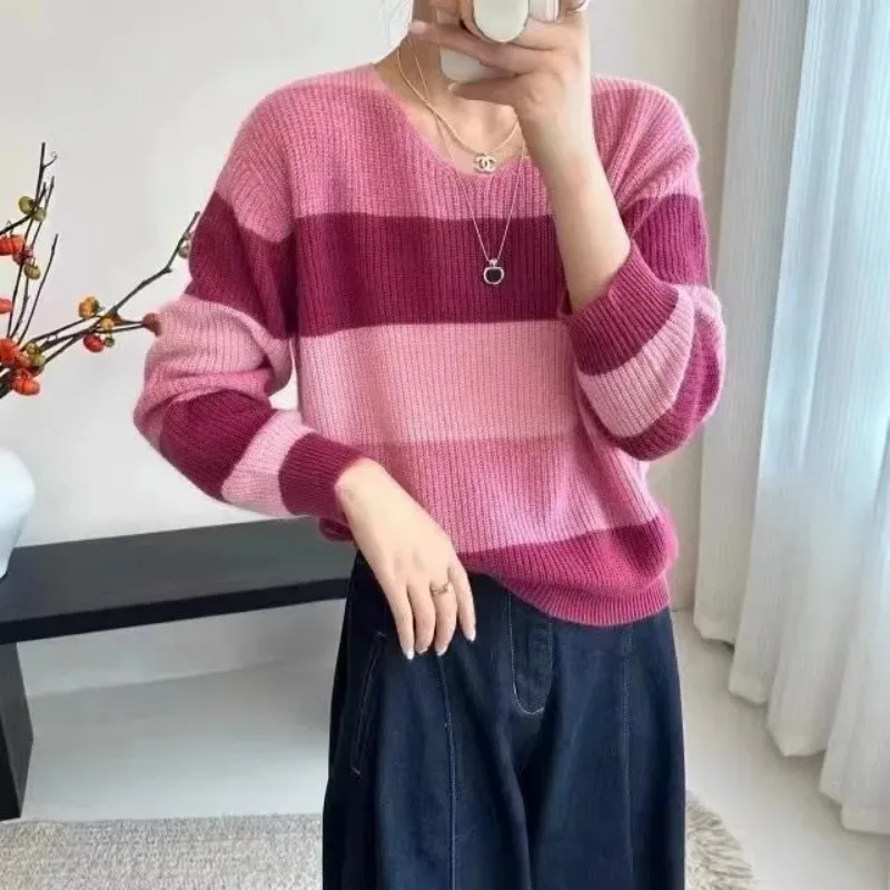 الكورية شيك كسول نمط لينة وشمعي محبوك الوردي مخطط الأعلى 2025 الخريف نمط الخامس الرقبة المرأة السترة #3