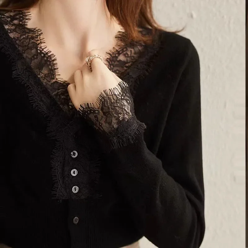 Customization Elegant Lace Trim V Neck Knit Sweater Women Ruched Waist Button-Up Long Sleeve Jumpers Lady Soft Stretchy view 5
