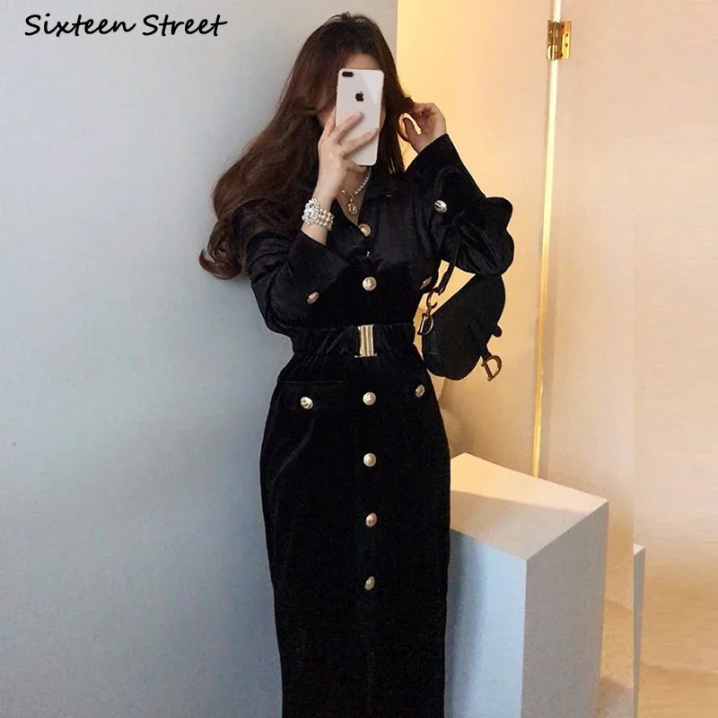 Streetwear Chic Black Dress Women Golden Button Long Sleeve O Neck Woman Clothing Korean Business Office Ladies Dress Bodycon