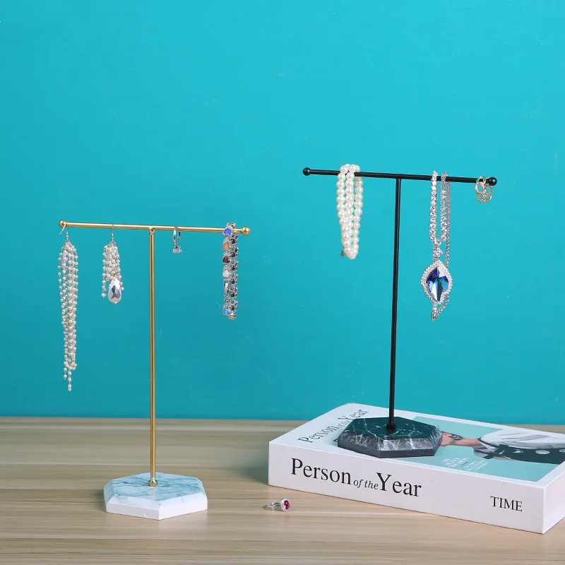 Anting-anting, kalung cincin gelang perhiasan pemegang marmer pola T berbentuk perhiasan Display Organizer pemegang penyimpanan logam rak