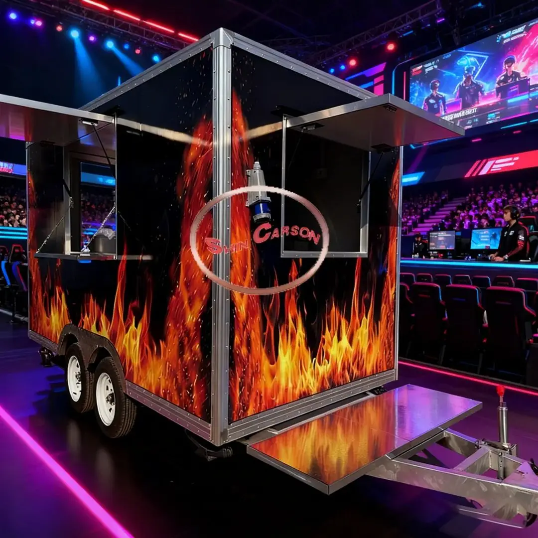 

Shin Carson Stainless Steel Mobile Food Trailer Commercial Kitchen Food Truck Catering Cart with Fire Decal