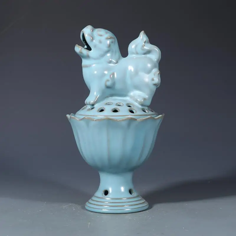 

8.6" China Ruyao Sky Blue Glaze Porcelain Animal Beast Incense Burner