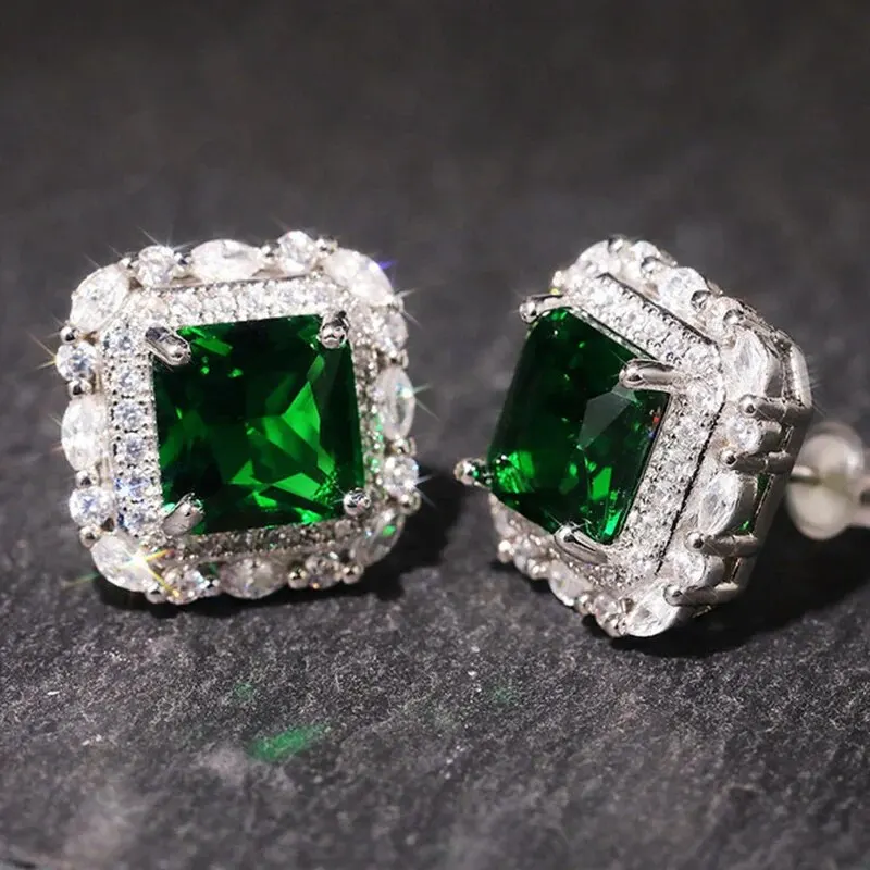 Vintage Emerald Color CZ Stud Earring Pack Multi Cut Square Green Zircon Earrings Set Bridal Daily Jewelry for Ladies