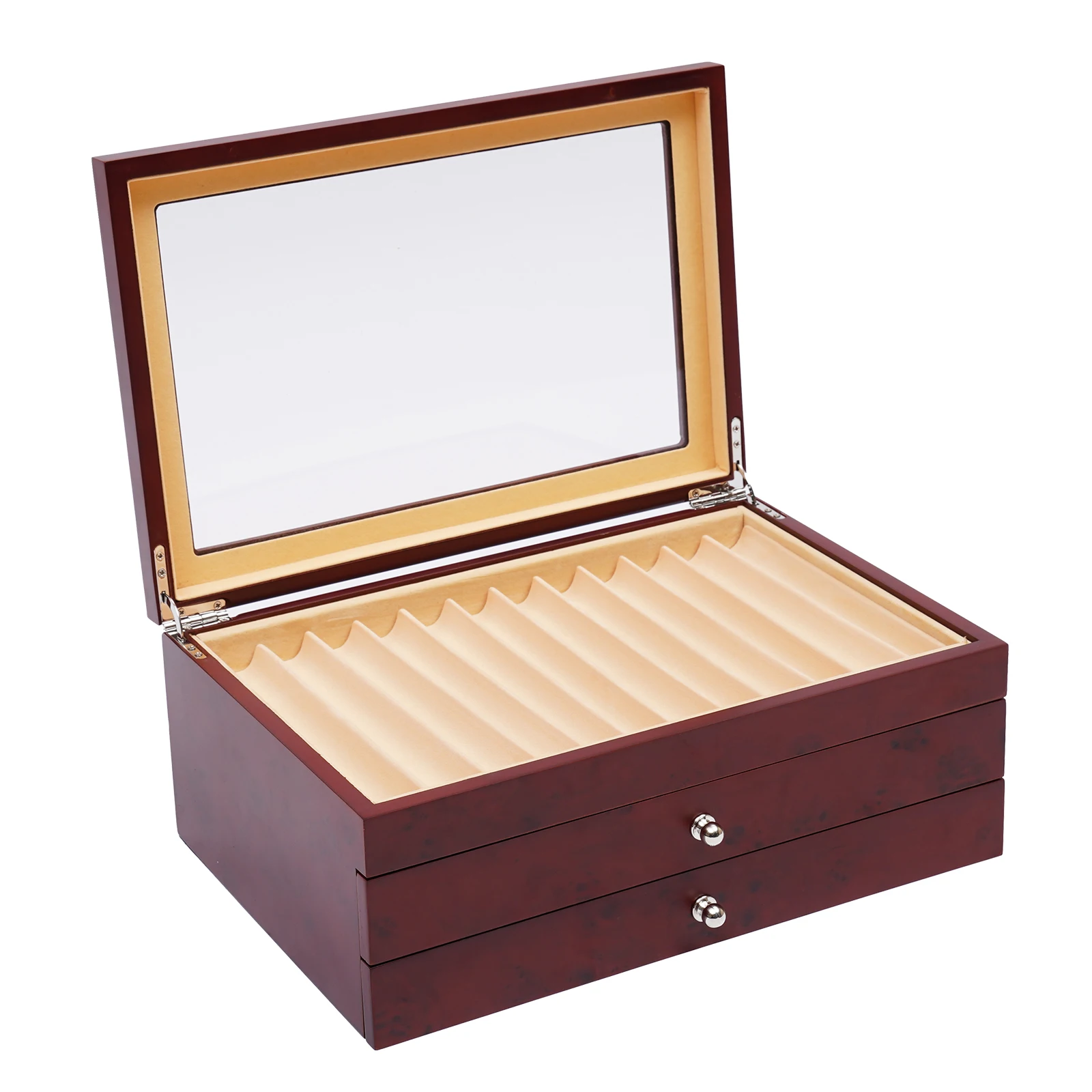 صندوق عرض أقلام خشبي أحمر مكون من 3 طبقات مكون من 34 فتحة، وبطانة مخملية من خشب الورد - غطاء زجاجي شفاف، طراز قديم لهواة الجمع