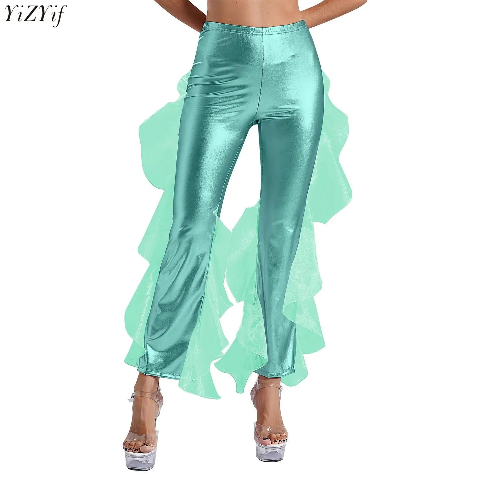 

Women 80s Disco Dance Pants Hippie Costume Metallic High Waist Ruffle Trim Flared Pants Bell Bottoms Trousers Mermaid Pants