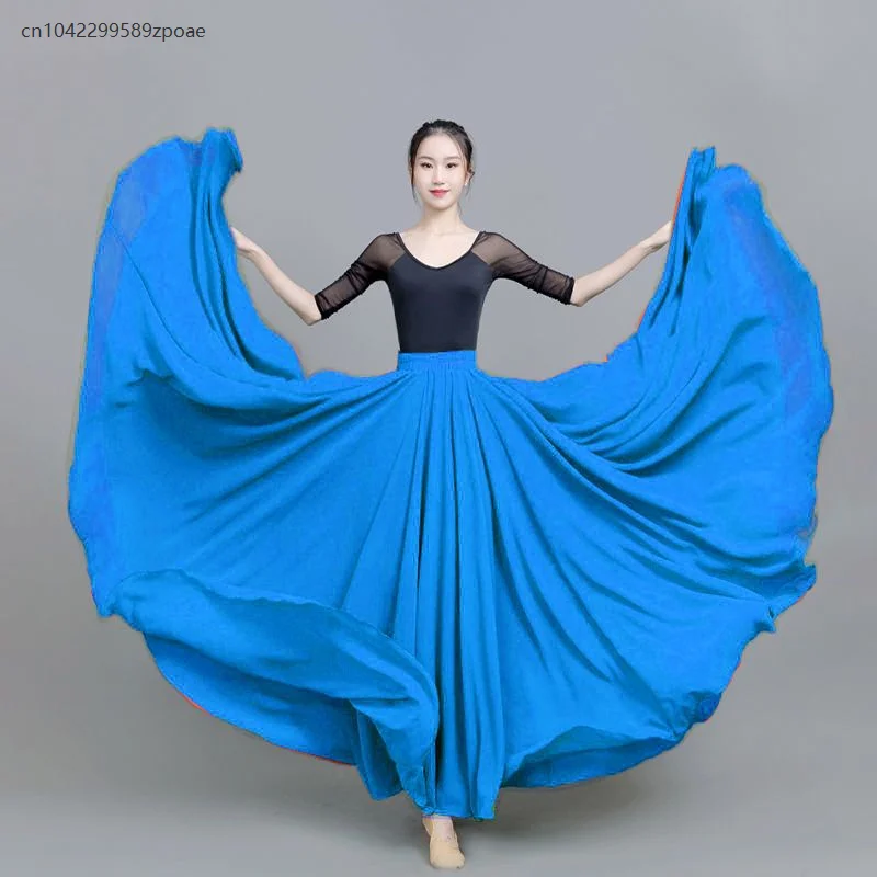Jupe de danse du ventre pour femmes, couleur unie, Double couche, longue, demi-jupe, vêtements d'entraînement de danse sur scène, 720 degrés