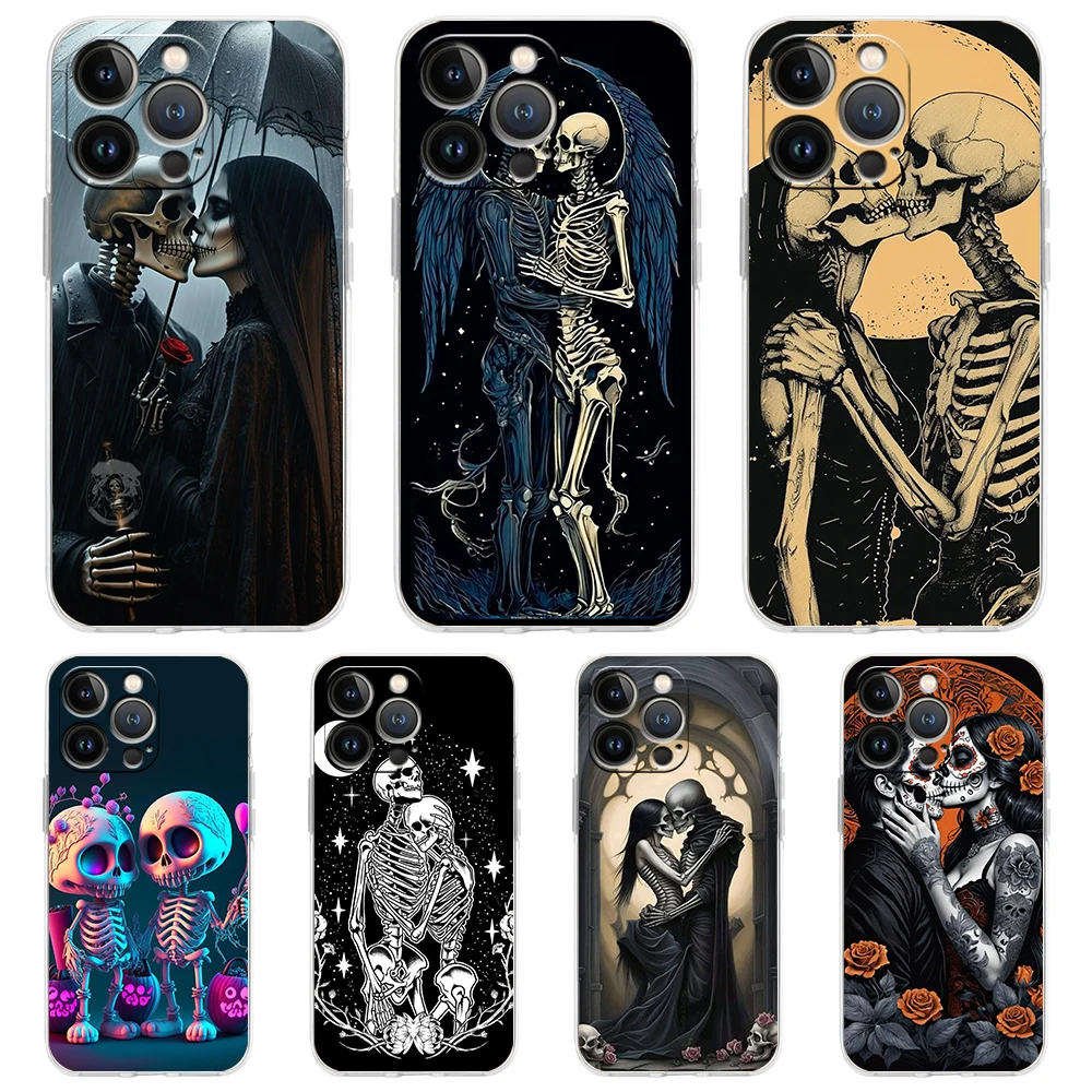 Love Skeleton Skull Soft Transparent Phone Case Cover for iPhone 16 15 14 13 12 11 Pro Max XR 8 7 Plus XS Max Shockproof Shell