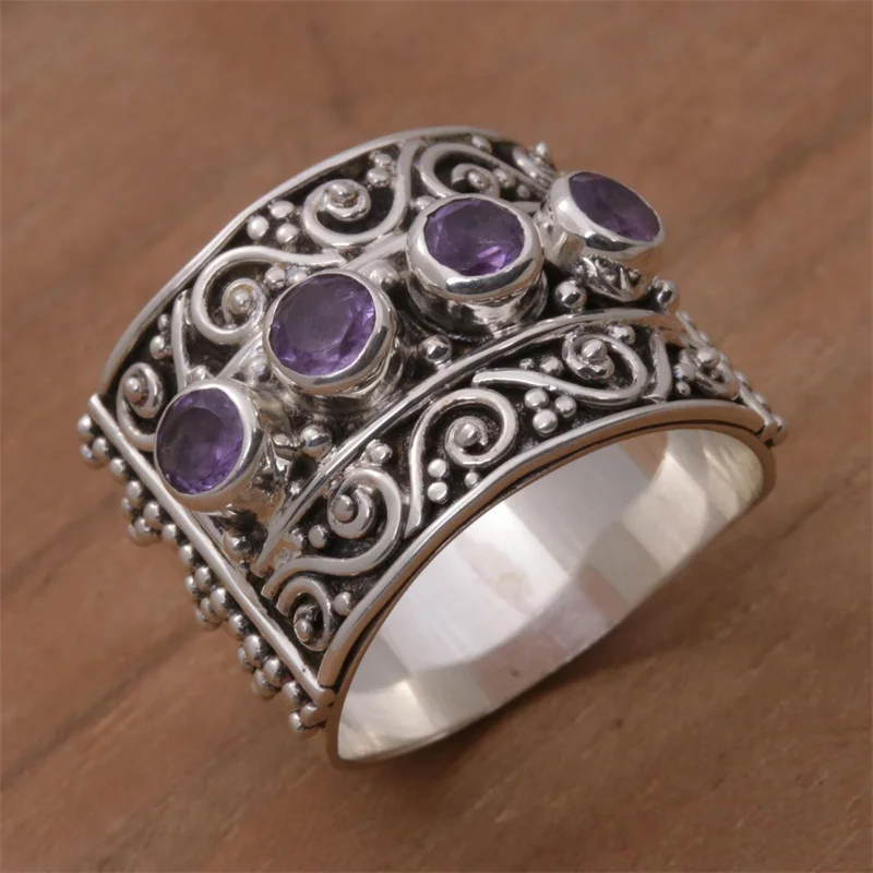 

Vintage Inlaid Puirple CZ Women's Ring Silvery Color Hand Carving Spiral Daily Wear Party Jewelry Anniversary Gift