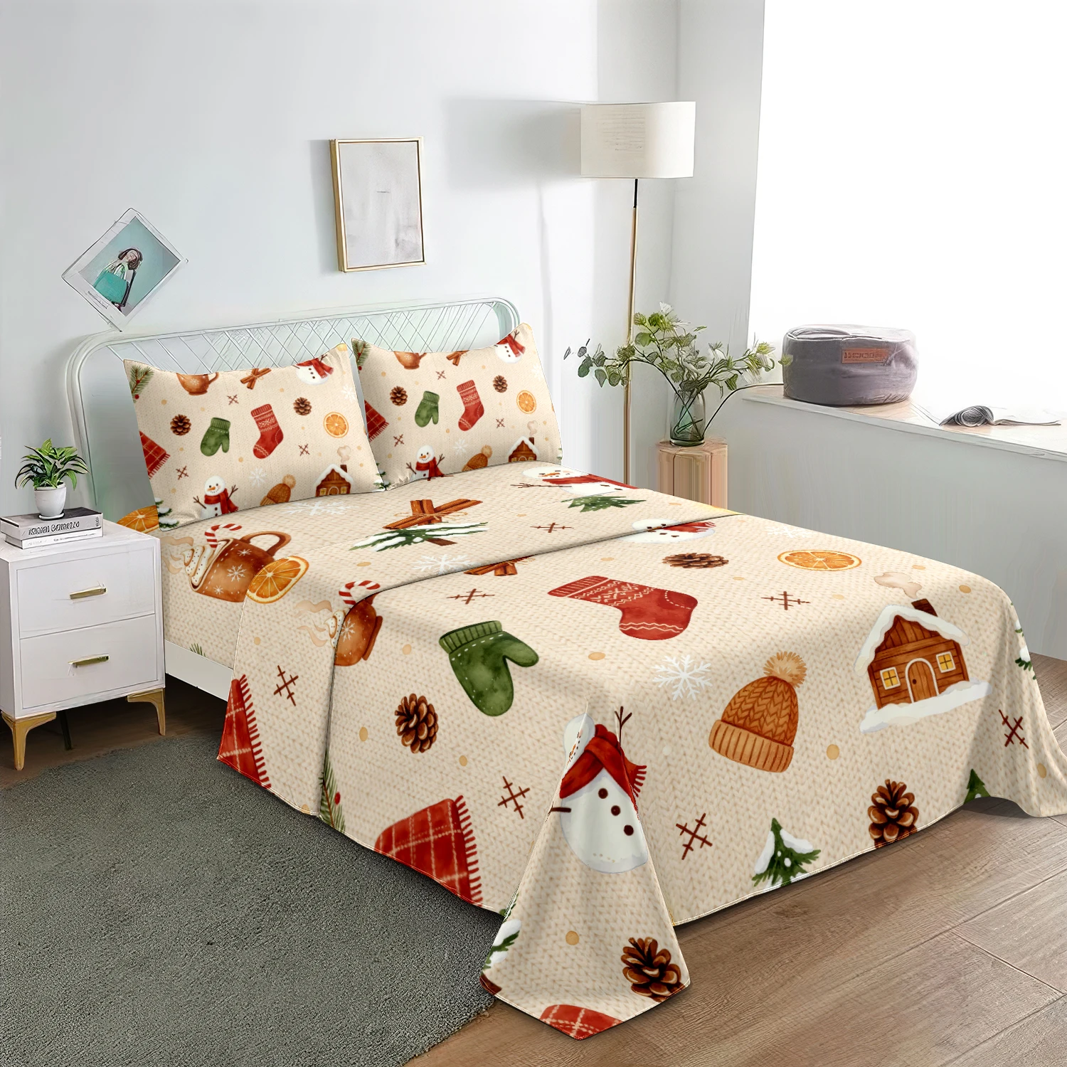 4Pcs Rustic Christmas Bedding Set, Retro Snowman Xmas Stocking Pine Cone Winter Elements Print Flat Sheet Fitted Sheet