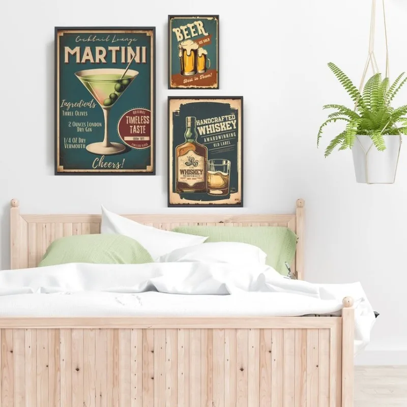 Retro Drink Cocktail Poster Vintage Advertisement Martini Beer Whiskey Coffee Canvas Painting Wall Art for Bar Room Home Decor