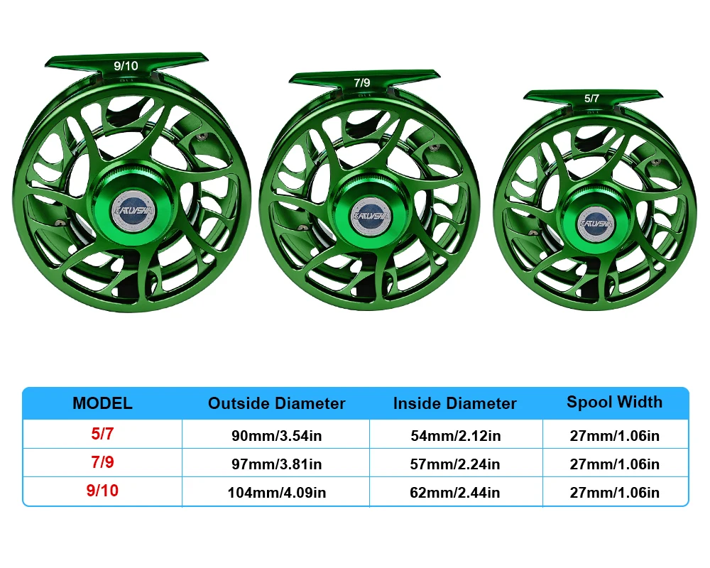 5/7 7/9 9/10 WT 2+1 BB Fly Fishing Wheel Green Color Fly Fishing Reel CNC Machine Cut Large Arbor Die Casting Aluminum Fly Reel