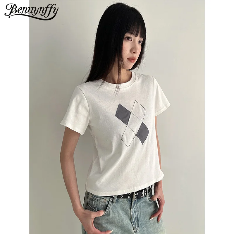 

Benuynffy Geo Print Casual T-Shirts Women 2026 Summer New Basic Short Sleeved Tees Fashion O-Neck All-Match Female Tops Clothes