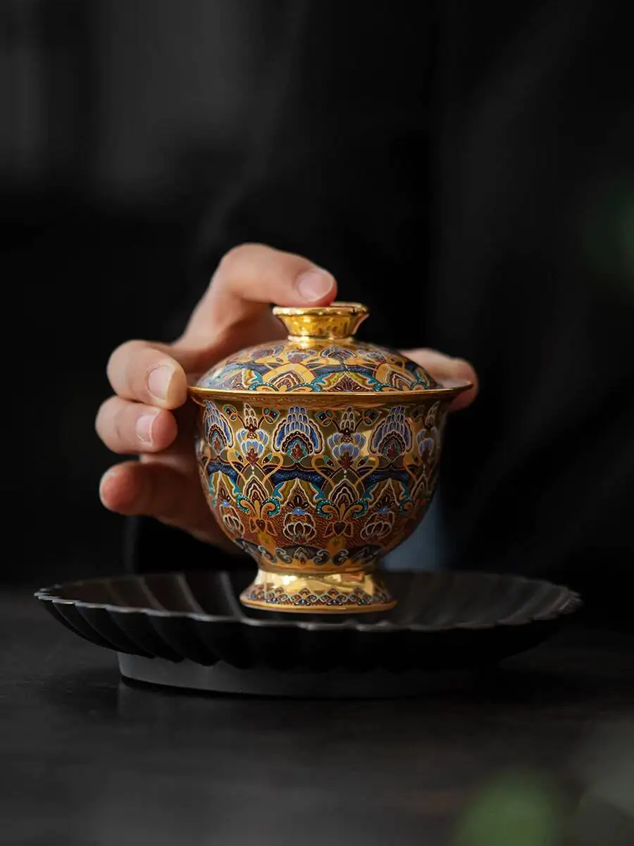 Dunhuang Impression Enamel Gold-Plated Two-Lid Household Ceramic Bowl Kung Fu Tea Set By Master Zhou Hongjie