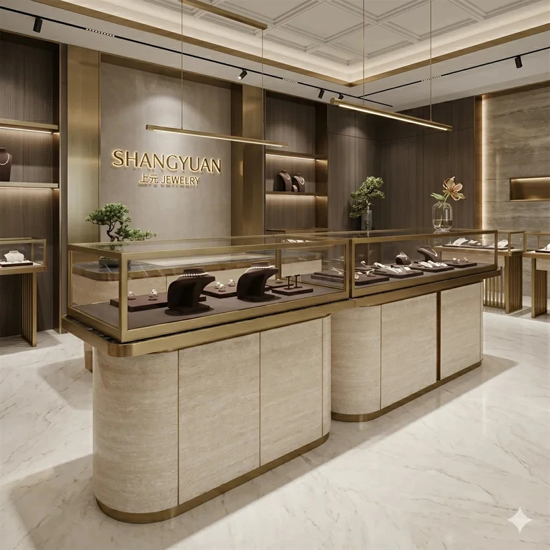 custom.Elegant Champagne Gold Jewelry Display Cases with Curved Stone Base Premium Retail Boutique Direct Factory