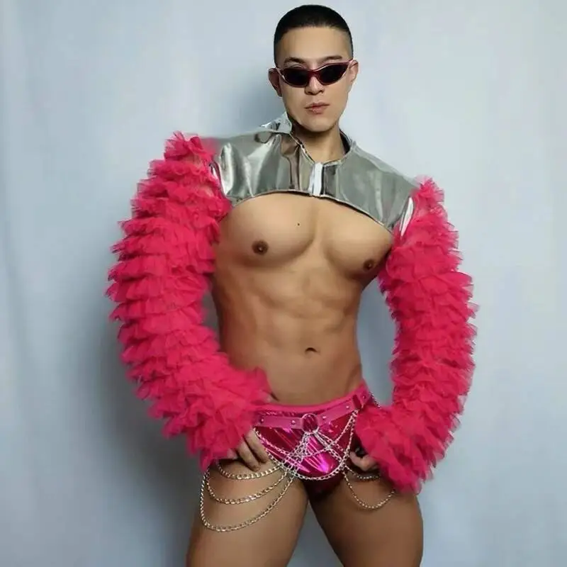 Muscle Man Gogo Dancer Costume Lace Sleeves Coat Laser Shorts Men Sexy Pole Dance Clothing Nightclub DS DJ Stage Wear view 5