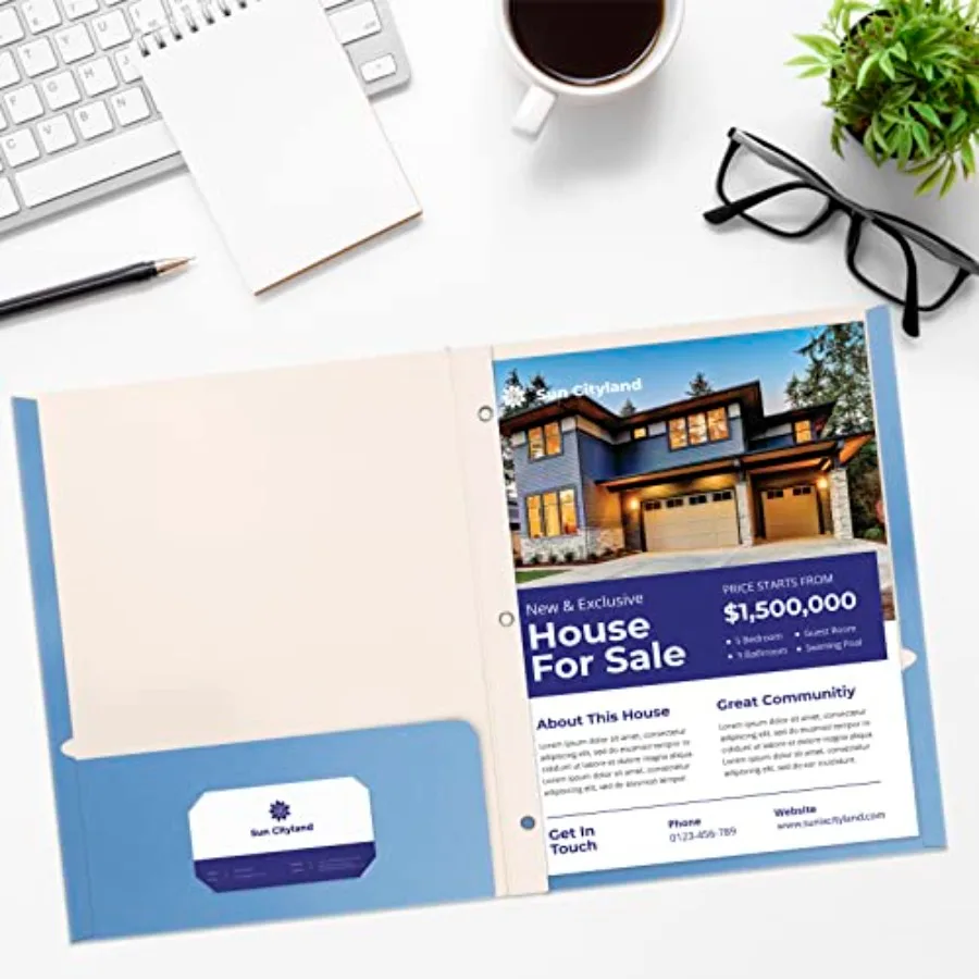 Lichtblauwe papieren mappen met tanden voor kantoorgebruik Matte textuur Letter-formaat 50-pack met 3 metalen tandbevestigingsclips Ideaal f