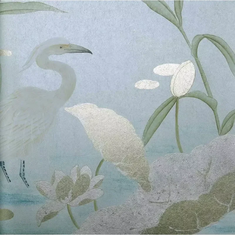 Dynamic Crane & Lotus Chinese Style Gilded Hand-made Oriental Wallpaper