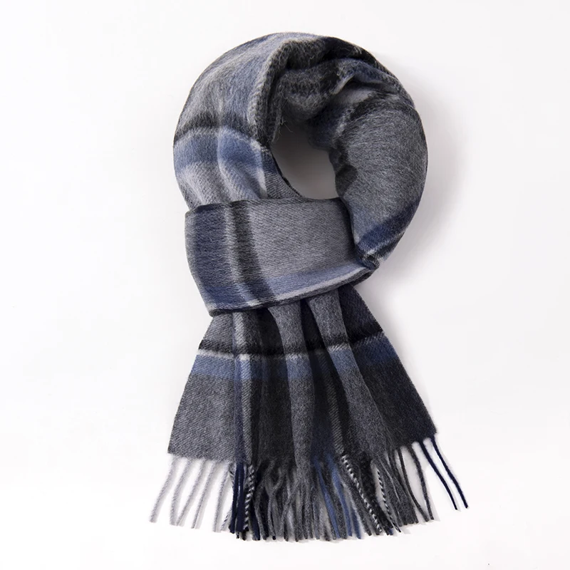 100% Wool Long Scarf Men Winter Warm Neck Scarves Classic Business Plaid Blue Scarf Shawls Luxury Striped  Foulard Hommes