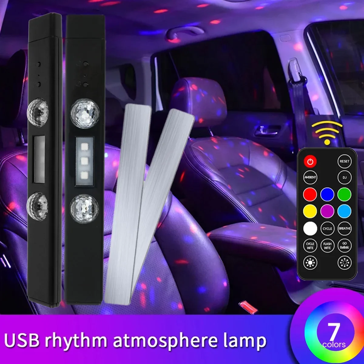 2Pcs Car Interior Ambient Light Wireless RGB LED Starry Car Atmosphere Light USB Multicolor Strip Light Remote/Sound Control NEW