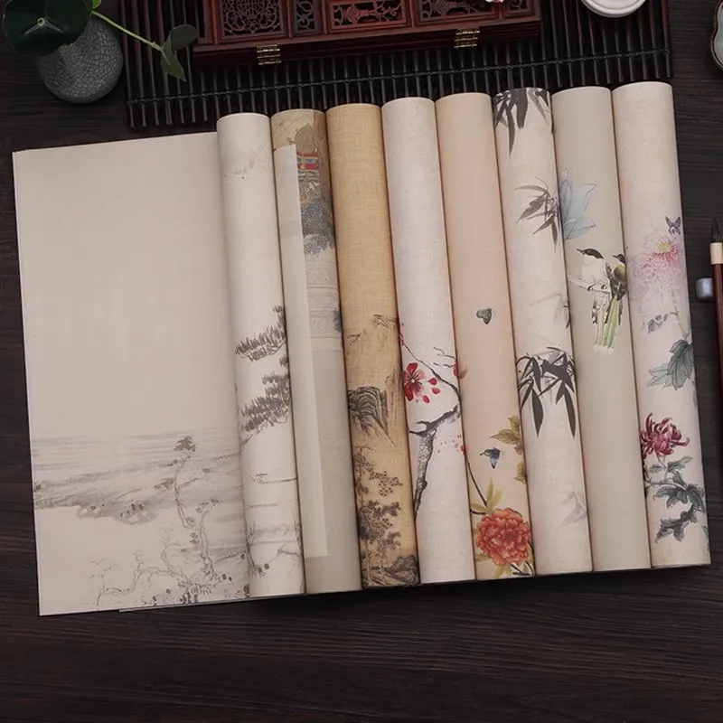 5PCS Antique Batik Brush Calligraphy Works Xuan Paper Ancient Chinese Style Cultural Creationg Half Ripe Rice Paper 34x138 cm